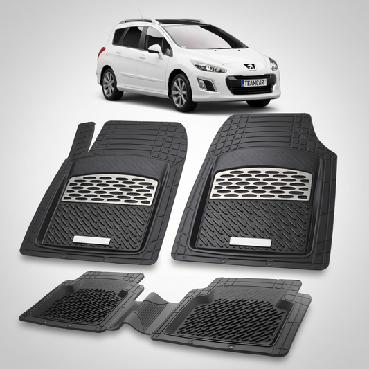Set of black car floor mats with a white car in the background