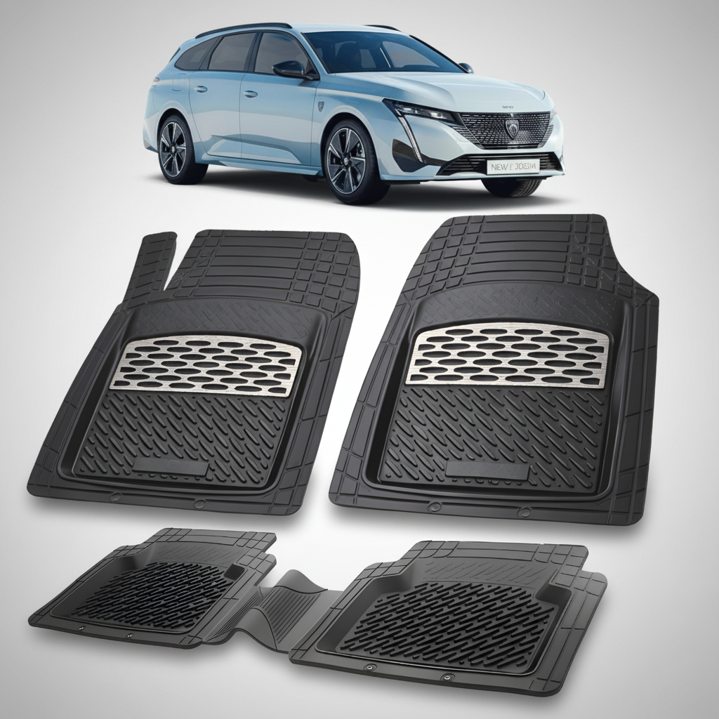 Set of black car floor mats with a car in the background