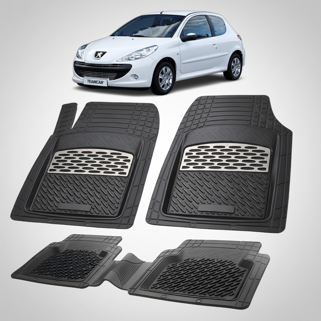 Set of black car floor mats with a white car in the background