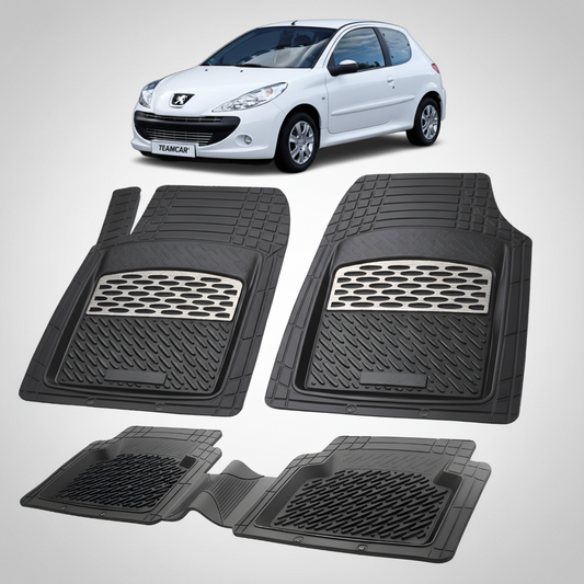 Set of black car floor mats with a white car in the background