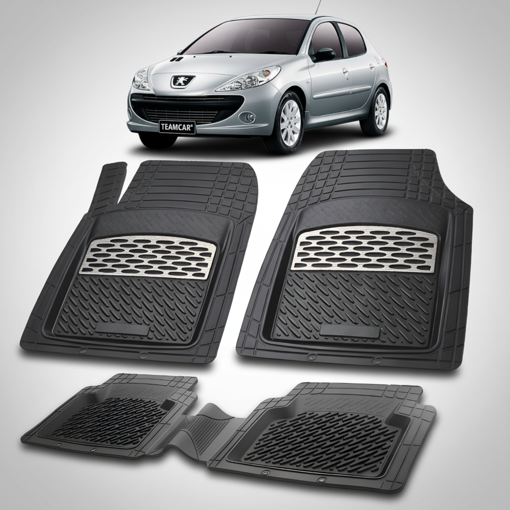 Set of black car floor mats with a silver car in the background