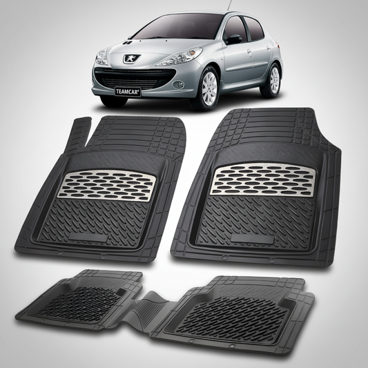 Set of black car floor mats with a silver car in the background