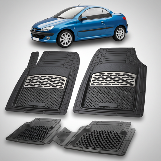 Set of black car floor mats with a blue car in the background