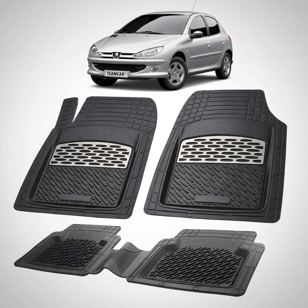 Set of black car floor mats with a car in the background