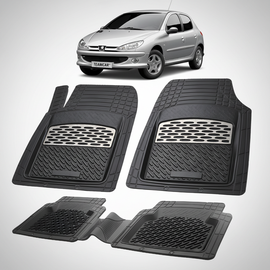 Set of black car floor mats with a car in the background