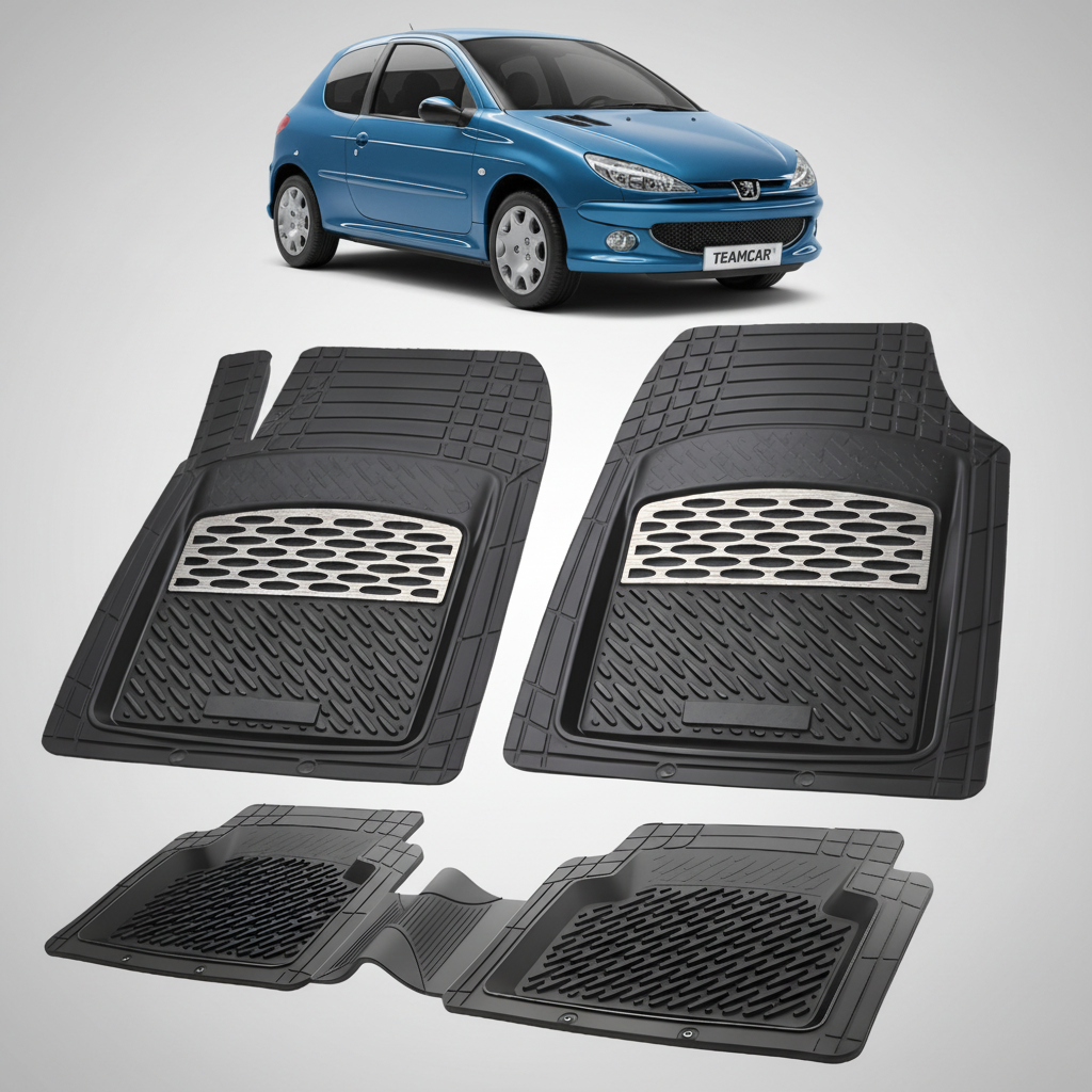 Set of black car floor mats with a blue car in the background