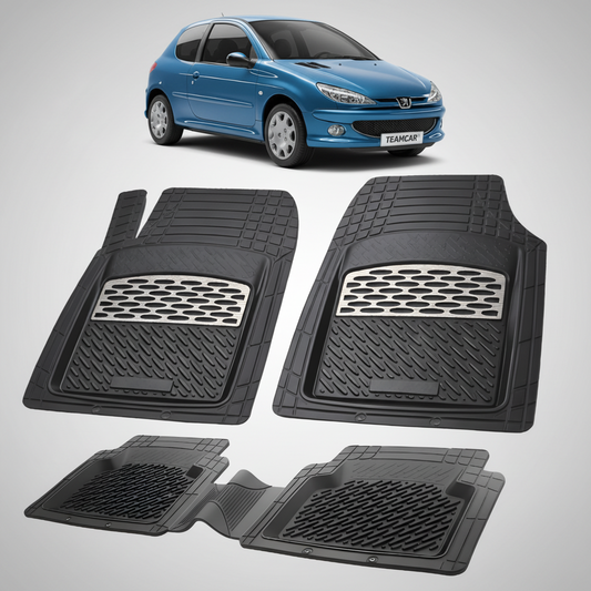Set of black car floor mats with a blue car in the background
