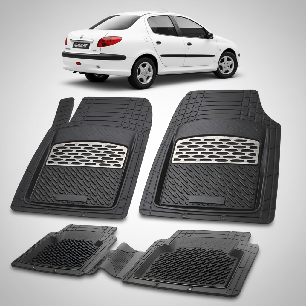 Set of black car floor mats with a white car in the background