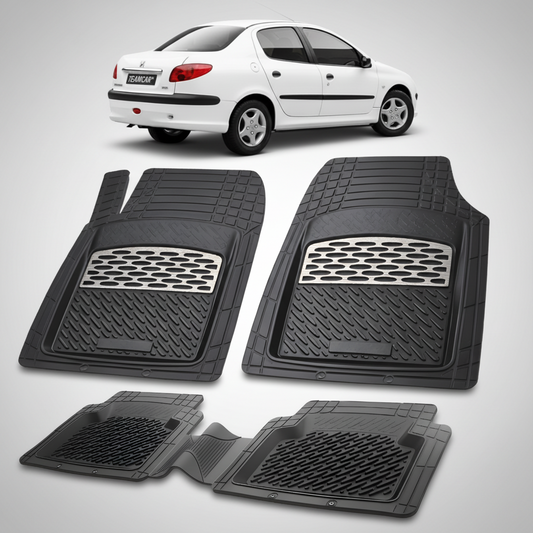 Set of black car floor mats with a white car in the background