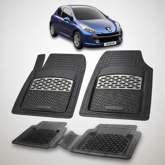 Set of black car floor mats with a blue car in the background