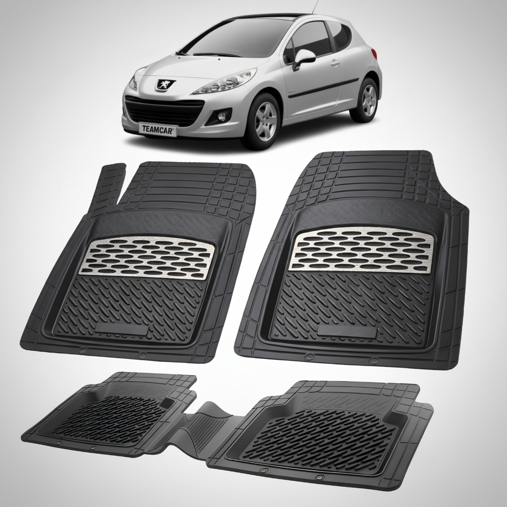 Set of black car floor mats with a car in the background, featuring the TeamCar brand.