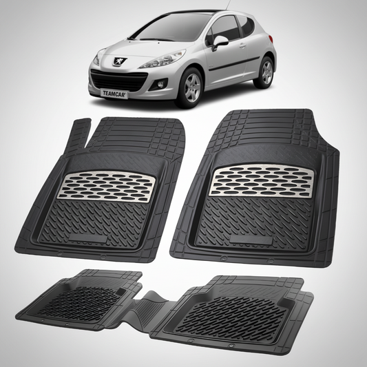 Set of black car floor mats with a car in the background, featuring the TeamCar brand.
