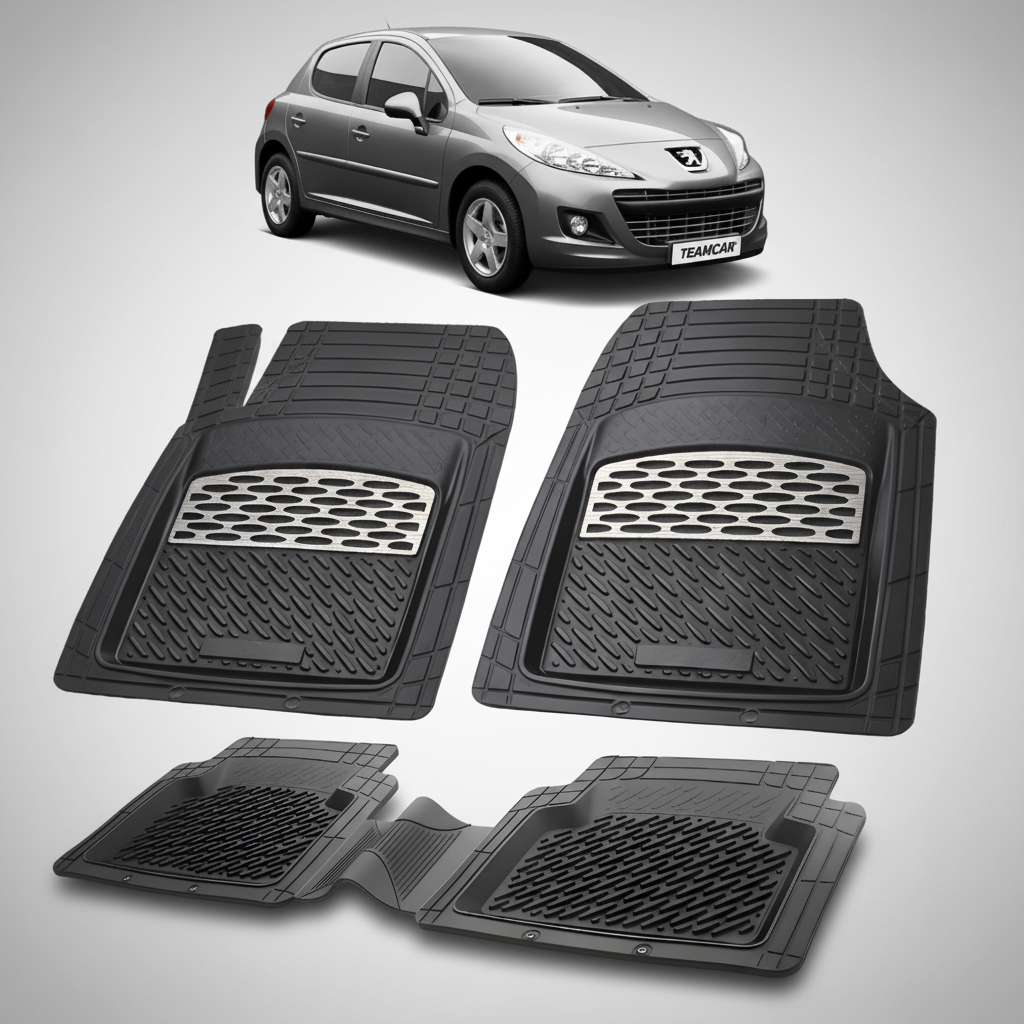 Set of black car floor mats with a car in the background