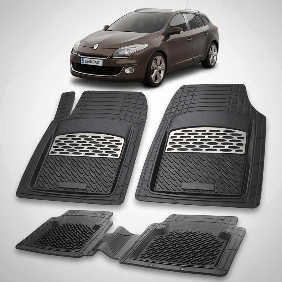 Set of black car floor mats with a car in the background