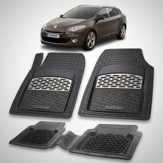Set of black car floor mats with a car in the background