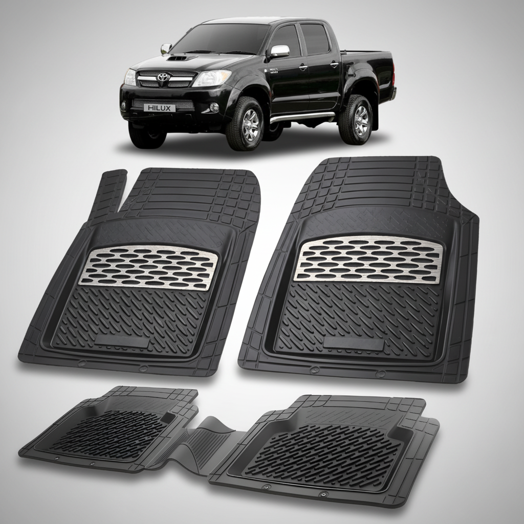 Set of black car floor mats with a Toyota Hilux in the background