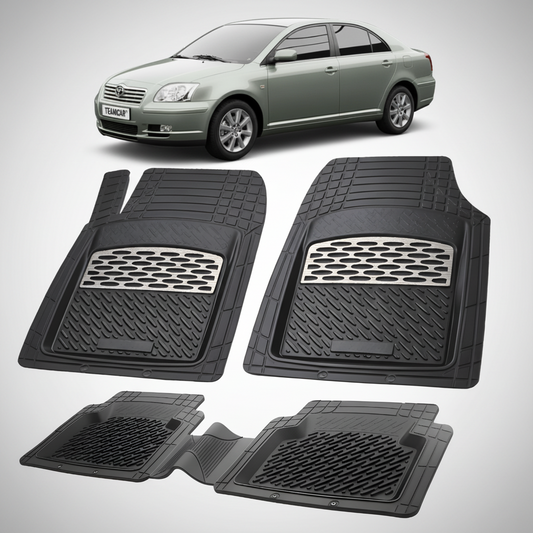 Set of black car floor mats with a car in the background