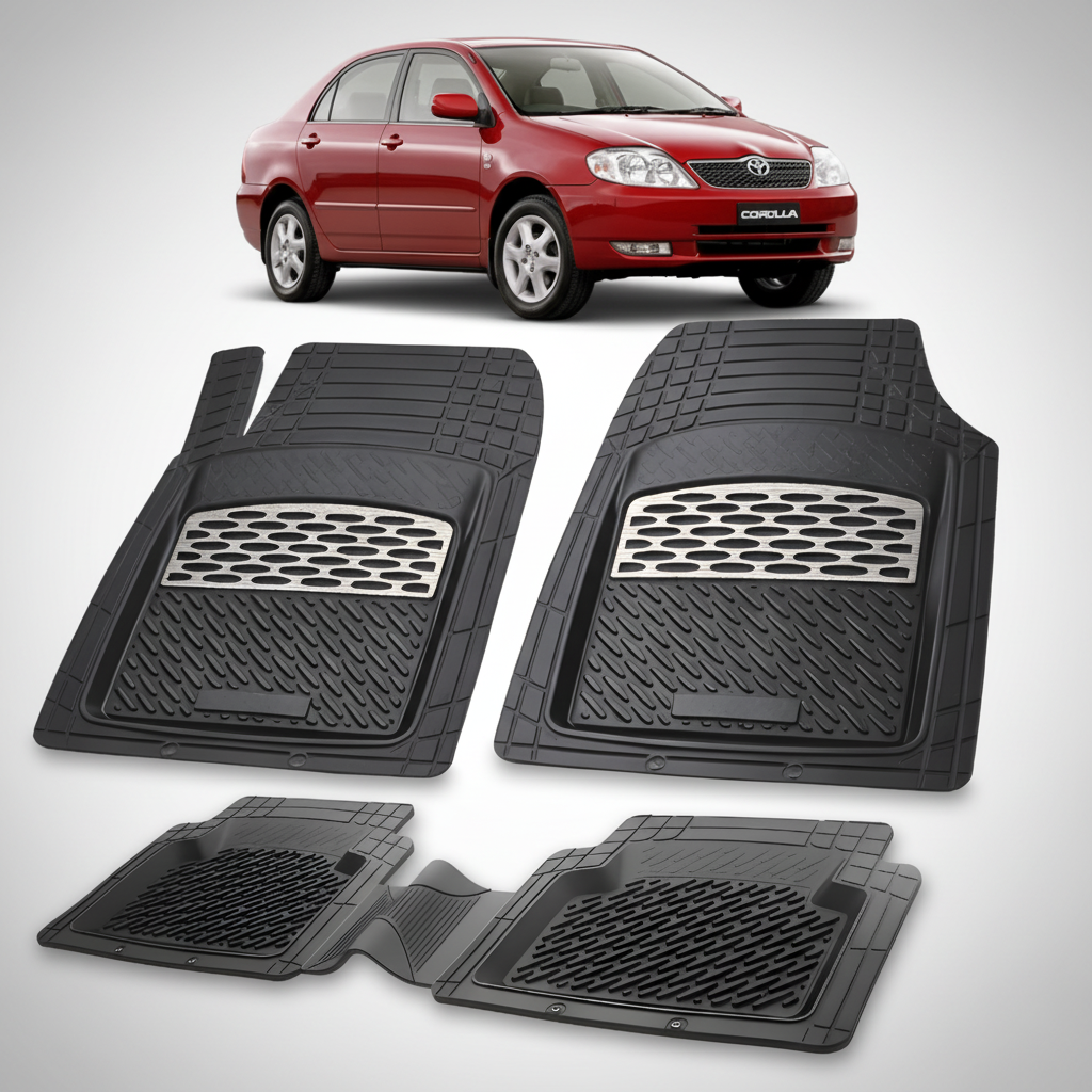 Set of black car floor mats with a Toyota Corolla car in the background