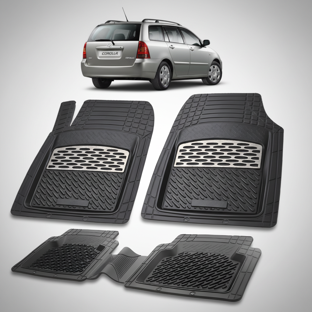Set of black car floor mats with a Toyota Corolla car in the background.