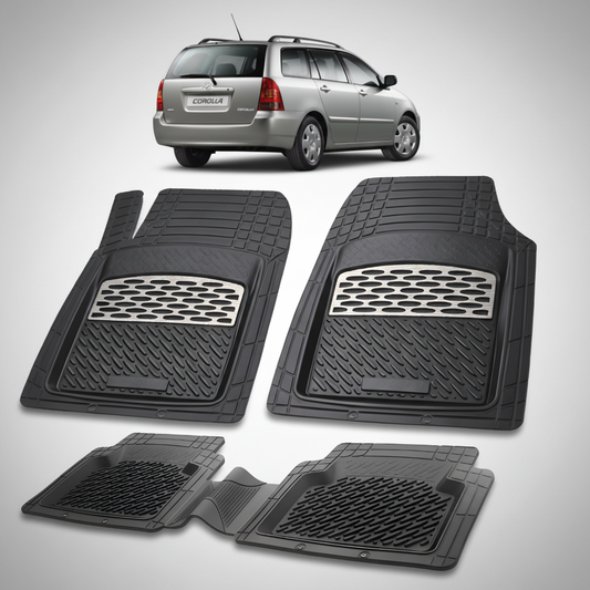 Set of black car floor mats with a Toyota Corolla car in the background.