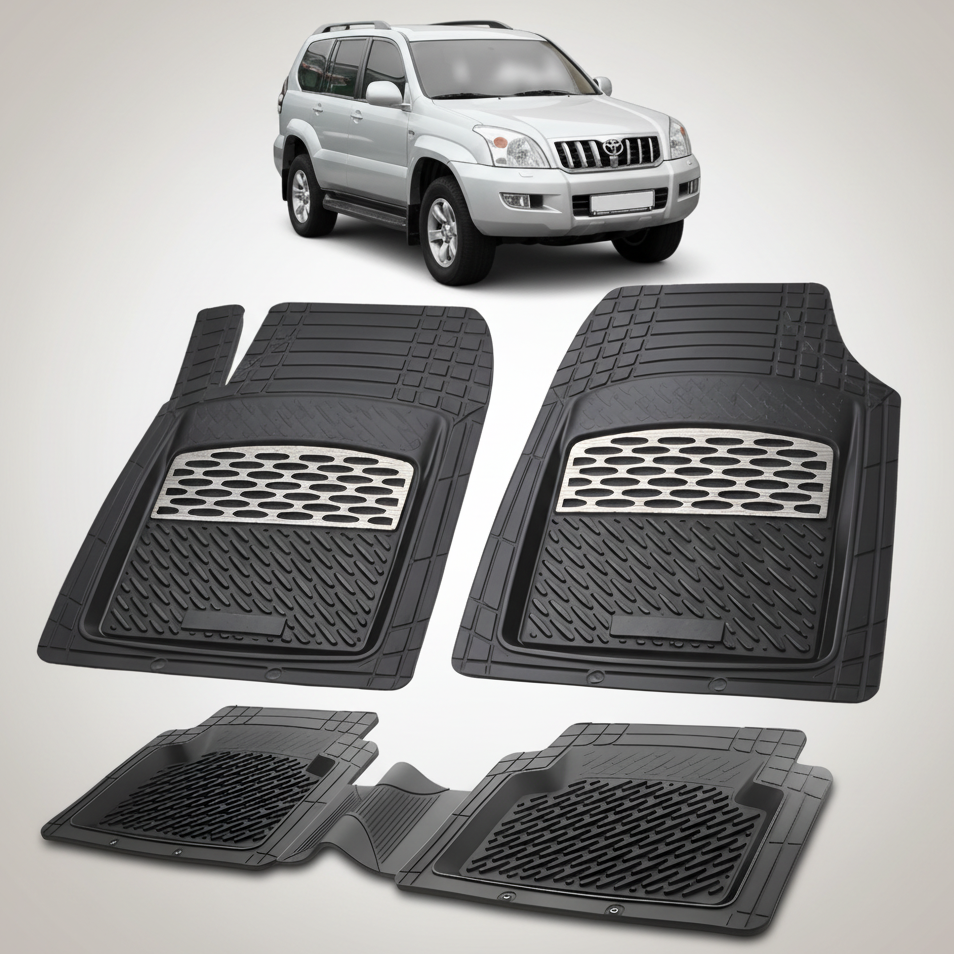 Set of black car floor mats with a Toyota Prado in the background