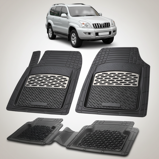 Set of black car floor mats with a Toyota Prado in the background