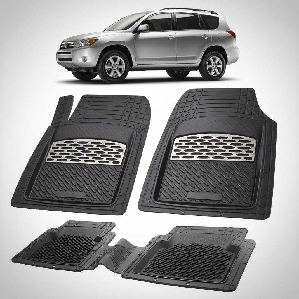 Set of black car floor mats with a car in the background