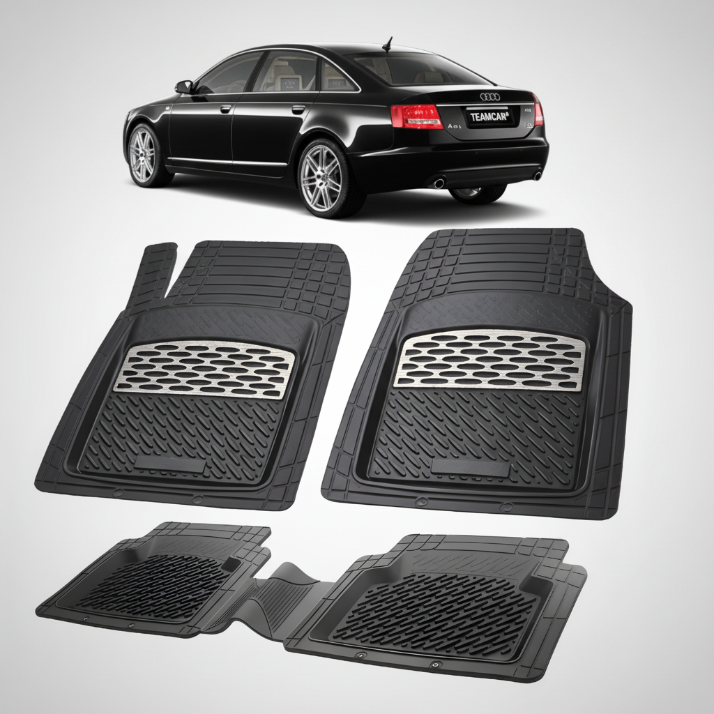 Set of black car floor mats with a car in the background
