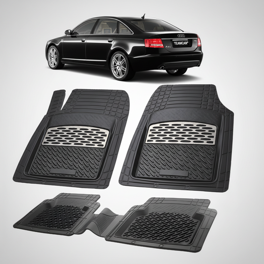 Set of black car floor mats with a car in the background