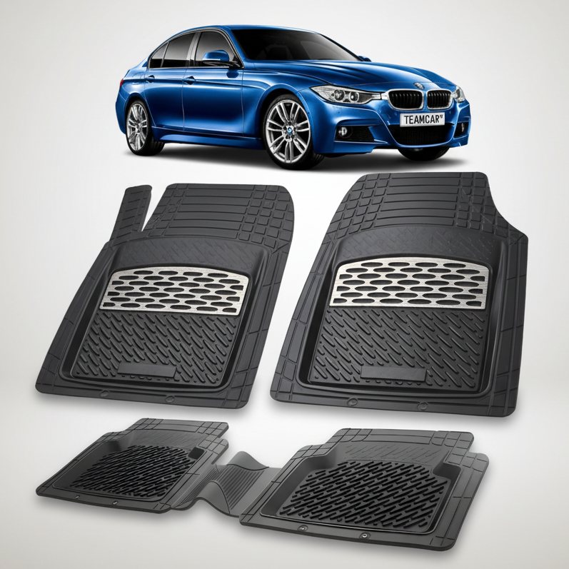 Set of black car floor mats with a blue car in the background