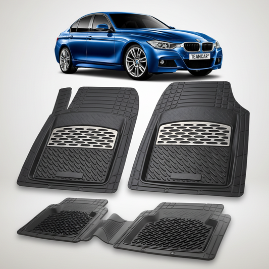 Set of black car floor mats with a blue car in the background