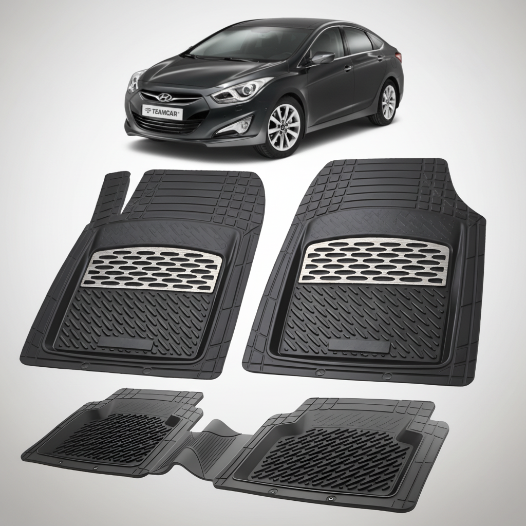 Set of black car floor mats with a Hyundai car in the background