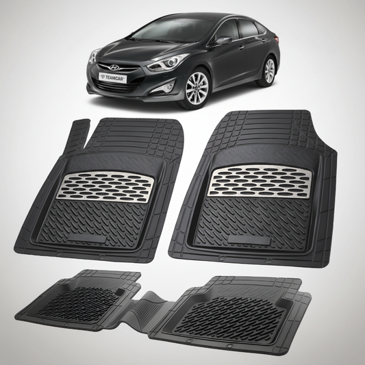 Set of black car floor mats with a Hyundai car in the background