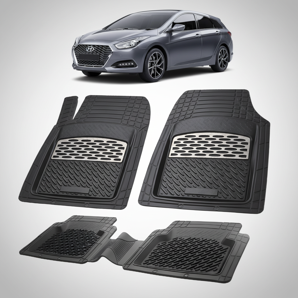 Set of black car floor mats with a Hyundai car in the background