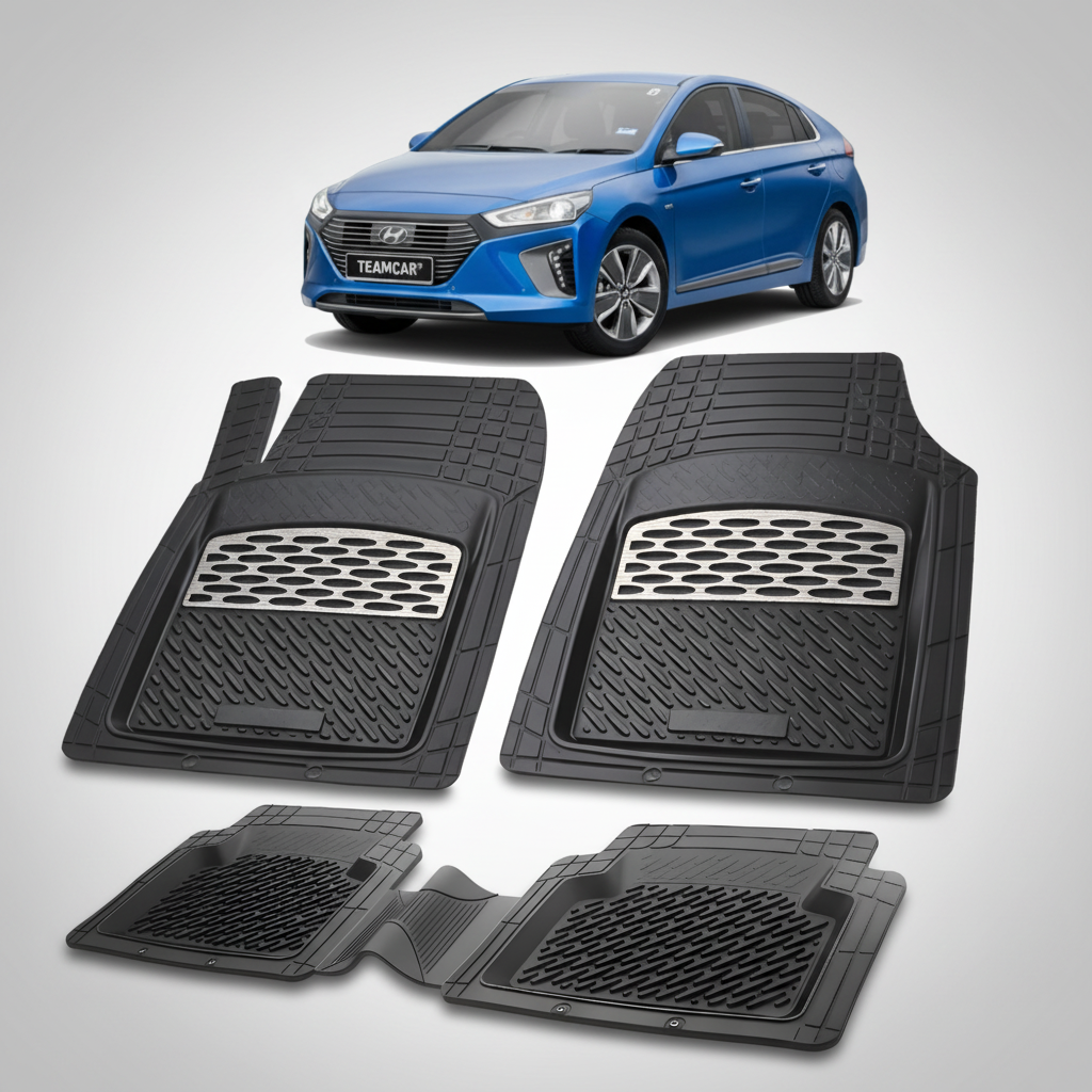 Set of black car floor mats with a blue car in the background