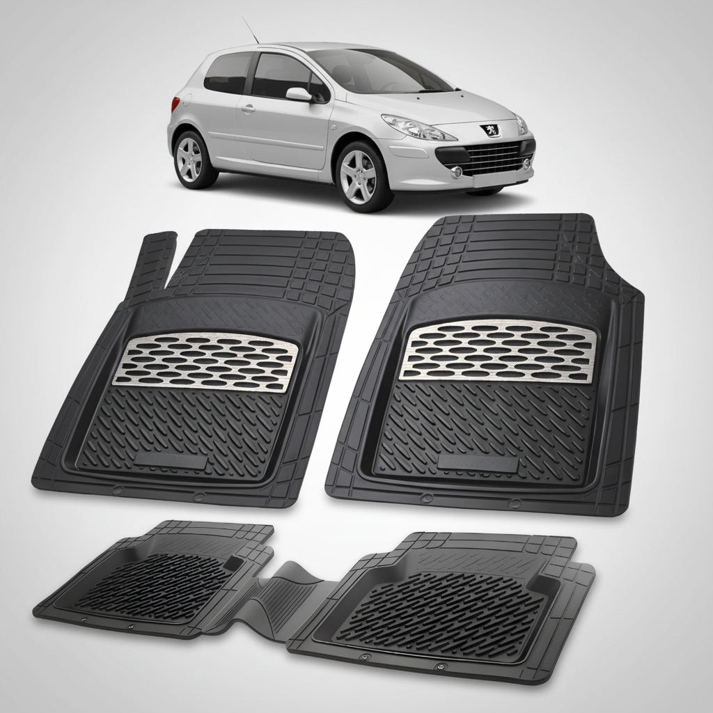 Set of black car floor mats with a car in the background