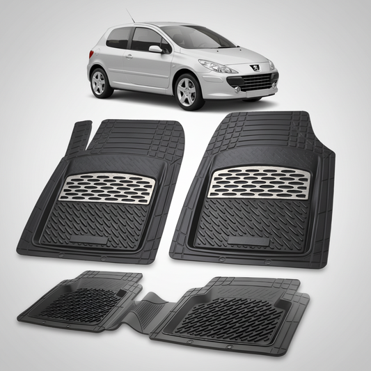 Set of black car floor mats with a car in the background