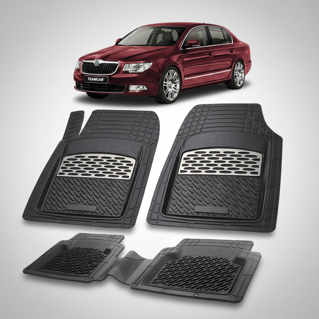Set of black car floor mats with a red car in the background