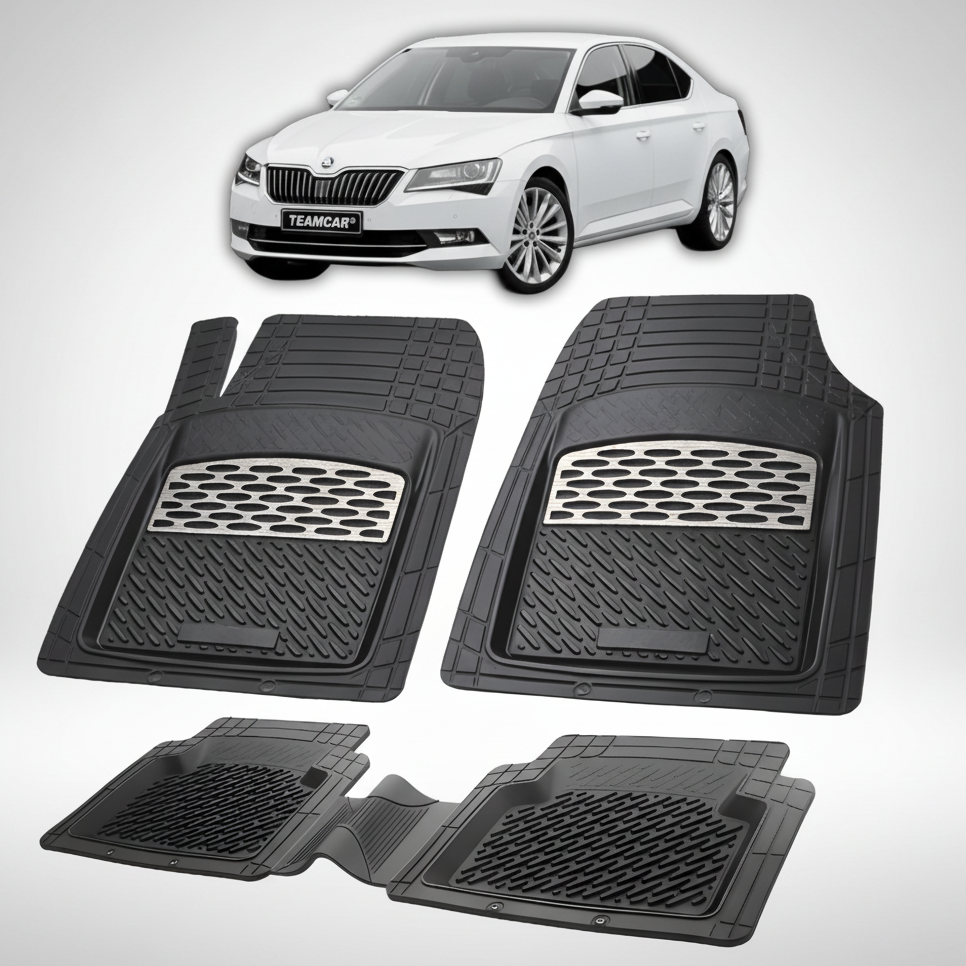 Set of black car floor mats with a white car in the background