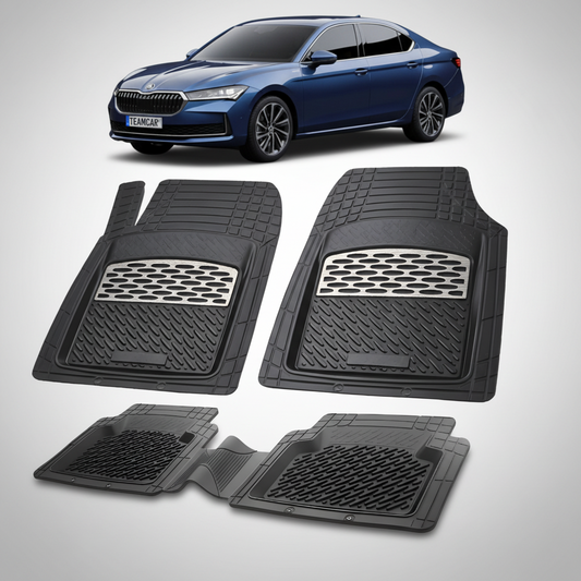 Set of black car floor mats with a blue car in the background