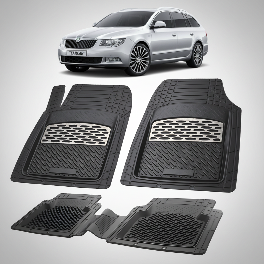 Set of black car floor mats with a car in the background