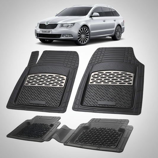 Set of black car floor mats with a car in the background