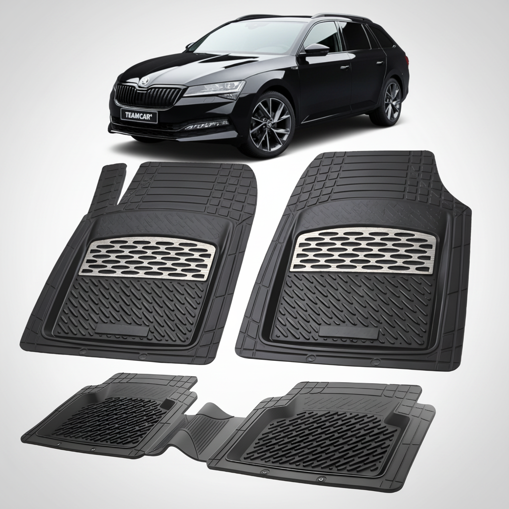 Set of black car floor mats with a car in the background