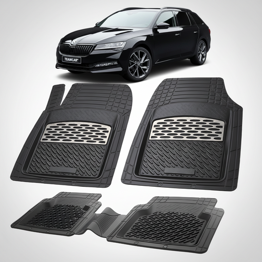 Set of black car floor mats with a car in the background
