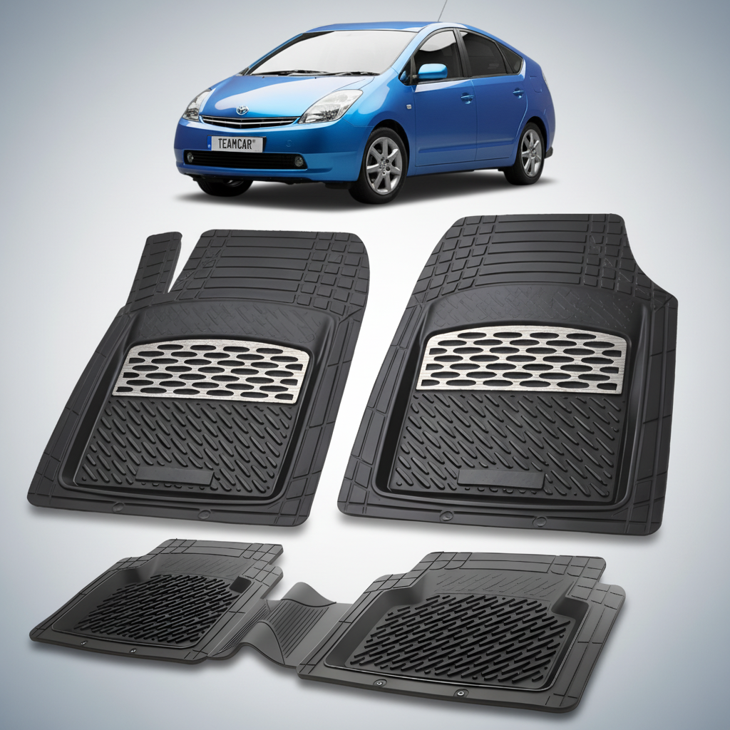 Set of black car floor mats with a blue car in the background