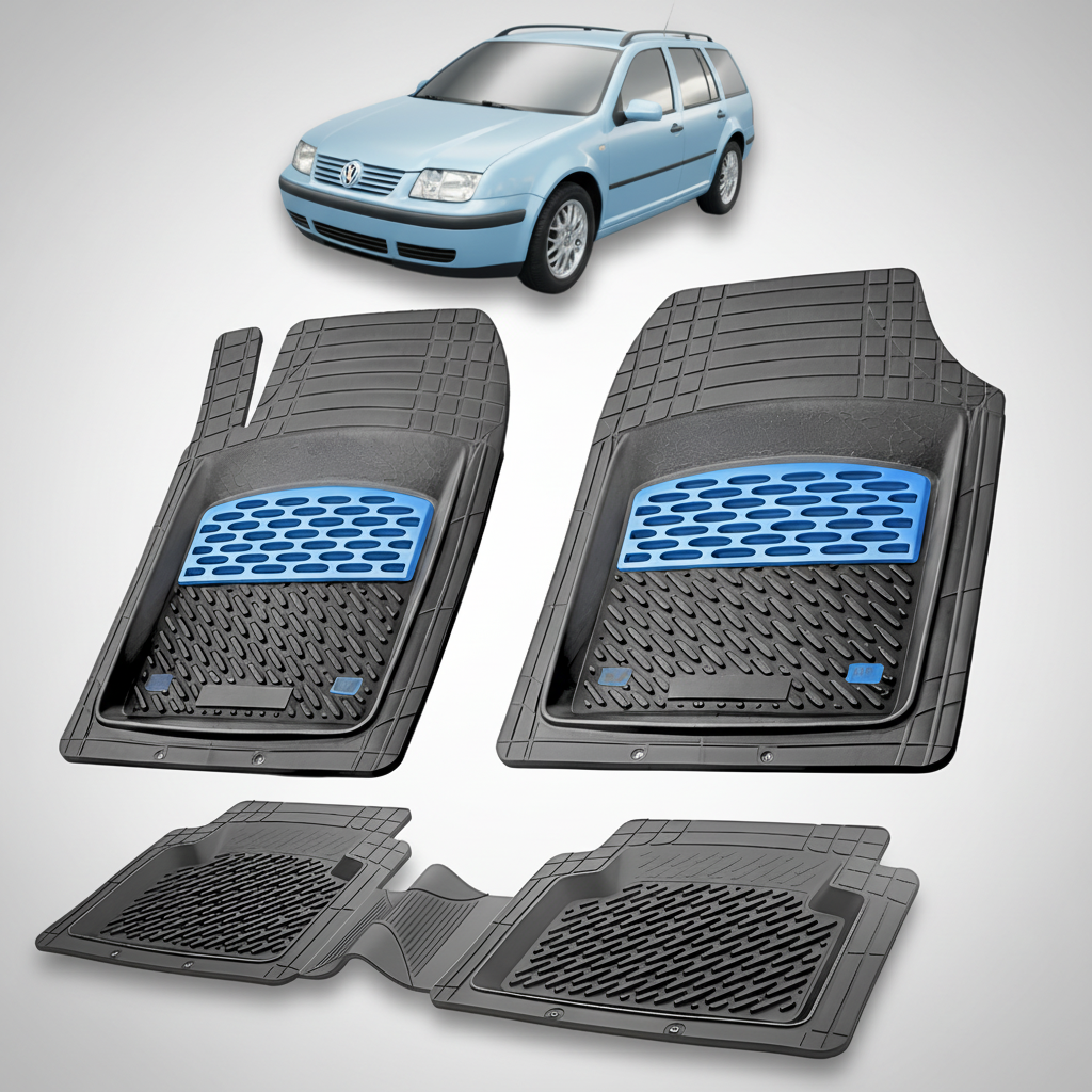 Set of car floor mats with a small inset image of a blue car.