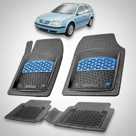 Set of car floor mats with a small inset image of a blue car.