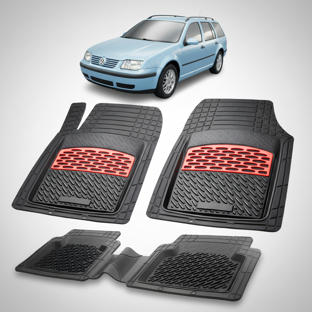 Set of black car floor mats with red accents on a white background, featuring a blue car.