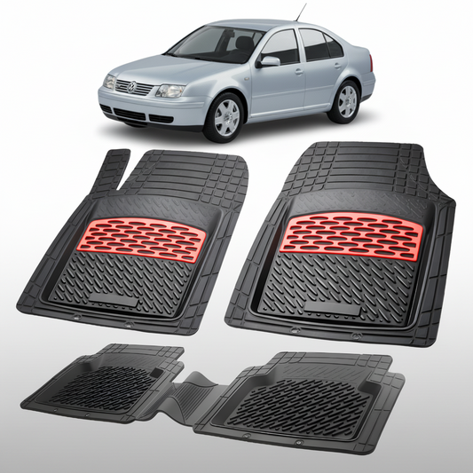 Set of car floor mats with red accents on a white background, with a car in the top corner.