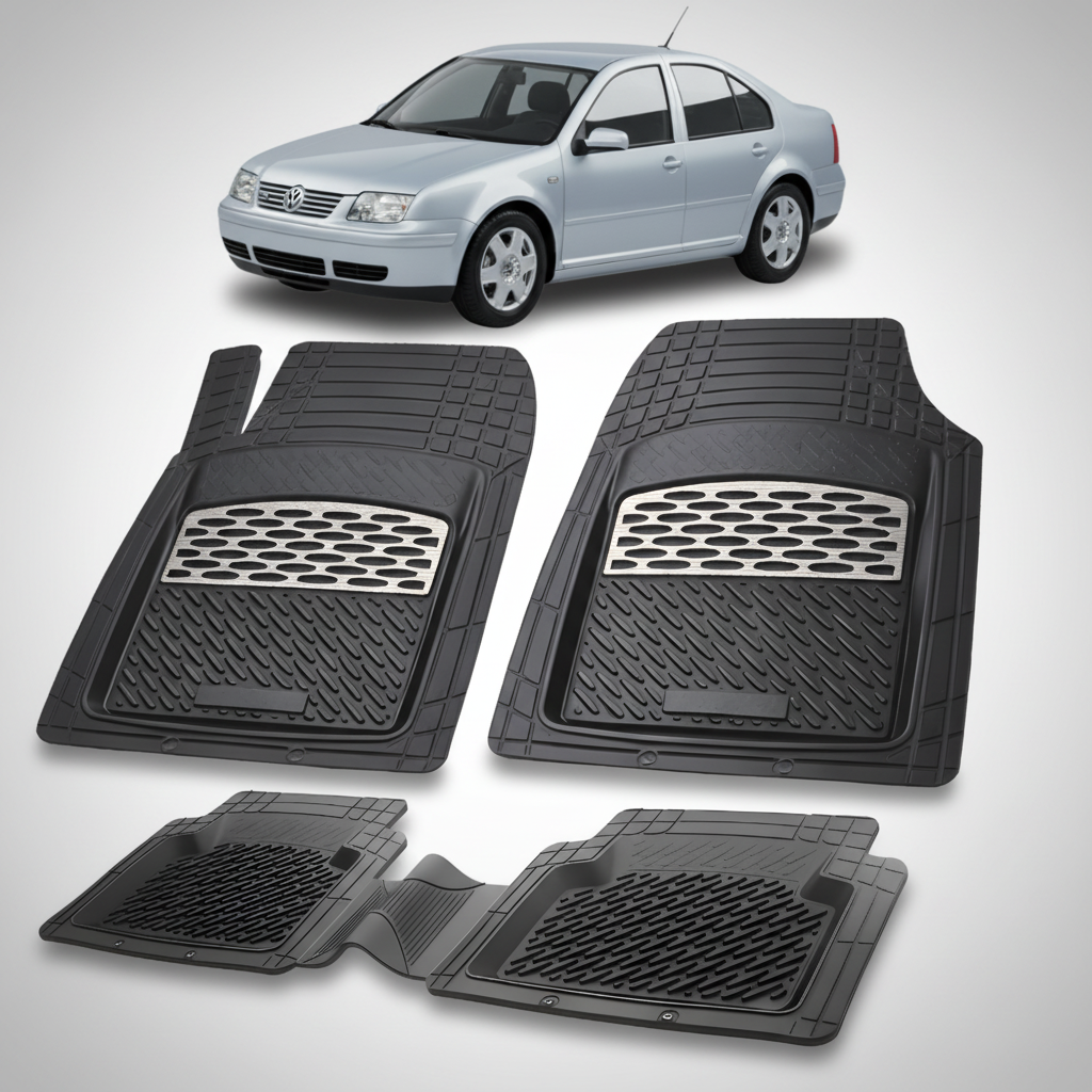 Set of black car floor mats with a car in the background